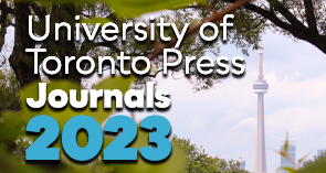 Photo of CN Tower through trees with text that reads University of Toronto Press Journals 2023